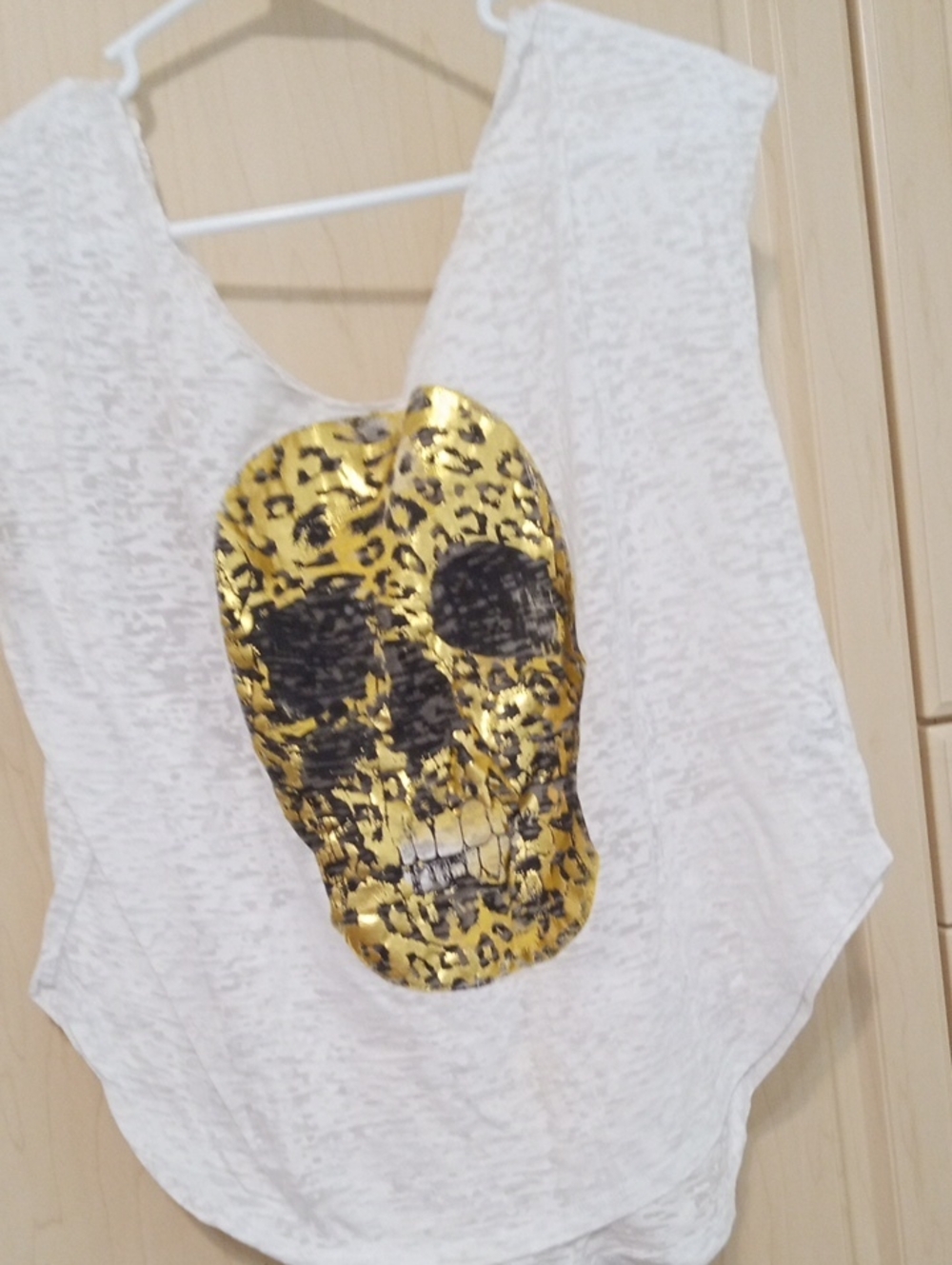White Tank Top with Gold Leopard Skull